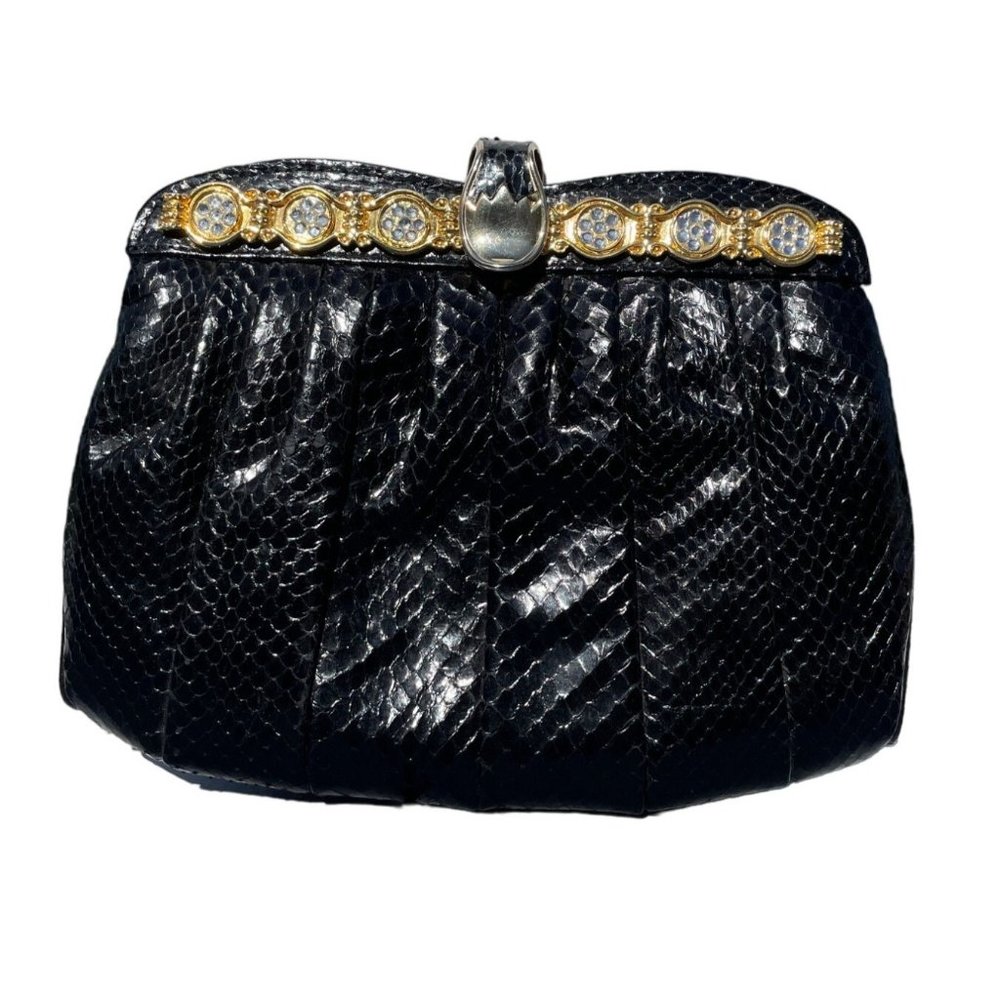VINTAGE SNAKESKIN PURSE black gold crystals made in Hongkong